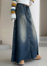 Boutique Blue Pockets Patchwork Denim Maxi Skirts Fall